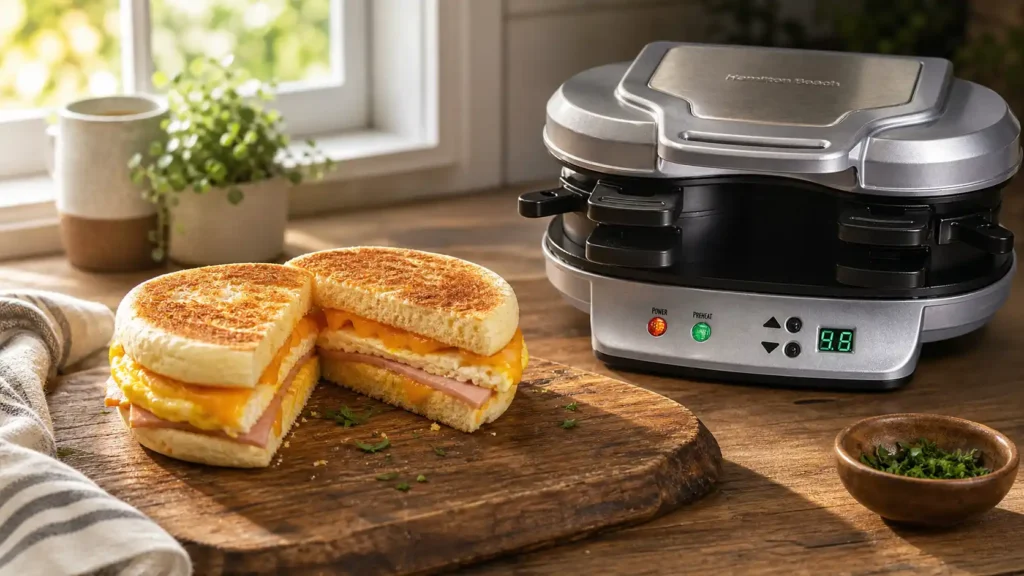 Hamilton Beach dual breakfast sandwich maker for busy school mornings on kitchen counter
