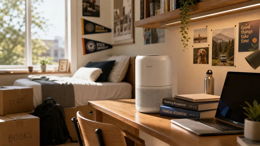 A compact desktop air purifier for college dorm desk setup