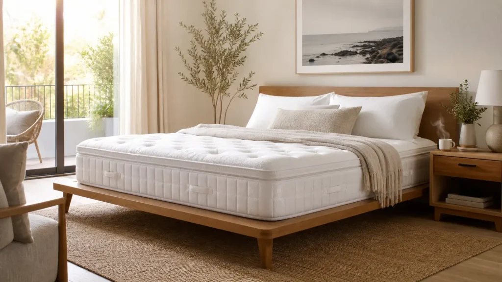 Are mattresses cheaper on labor day or before - a newly unboxed bed-in-a-box mattress set up in a sunlit bedroom.
