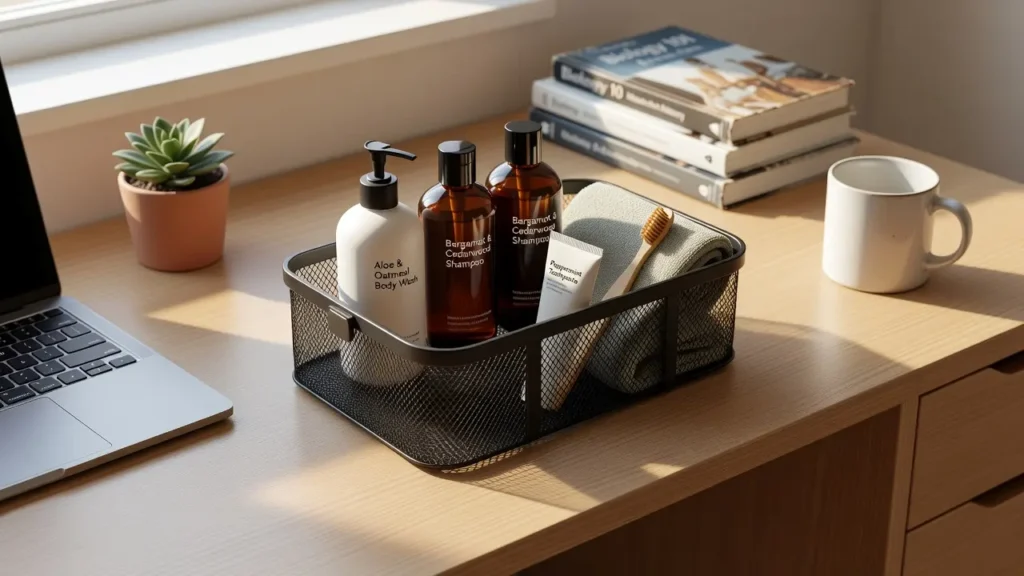 An organized mesh shower caddy packed with bath supplies sitting on a college dorm desk