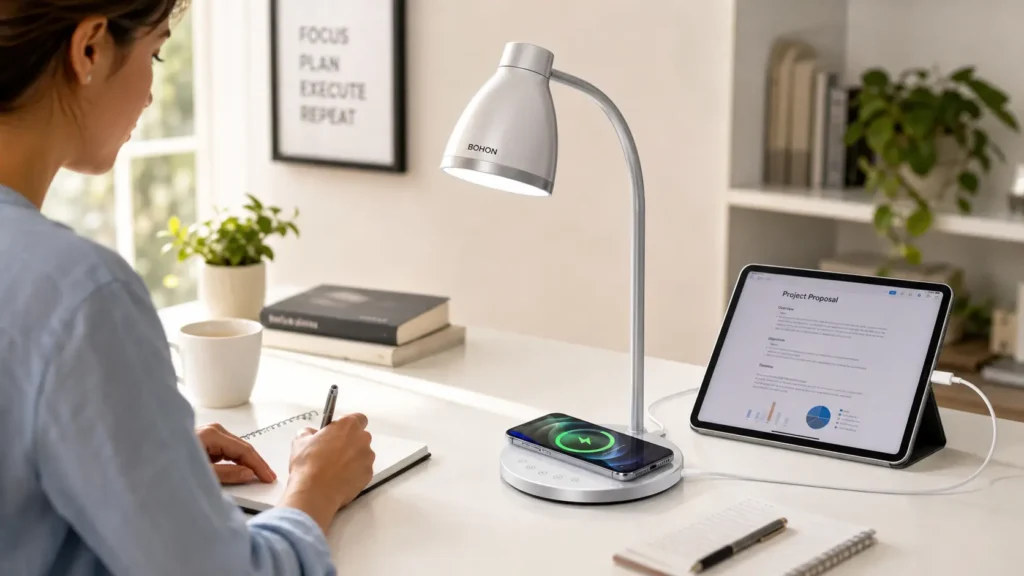 The modern BOHON LED desk lamp charging a smartphone wirelessly and a tablet via USB-C simultaneously.