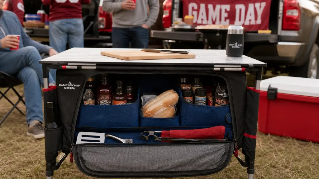 The Camp Chef Sherpa Table showing its internal storage bins used for organizing tailgate food and tools.