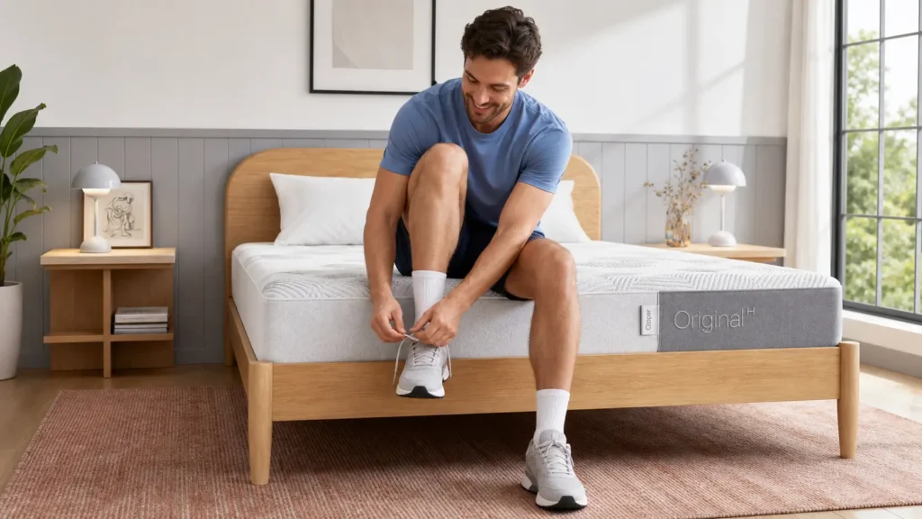 A person demonstrating the firm edge support of a Casper Sleep Original Hybrid Mattress.