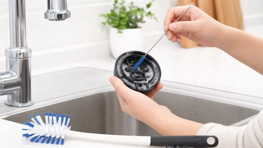 Cleaning the complex rubber gaskets of a leak-proof travel mug lid using a specialized OXO detail bottle brush.