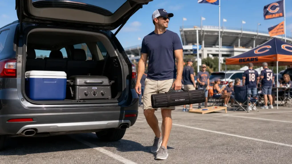 The best compact tailgate tables fitting perfectly next to a packed SUV trunk.