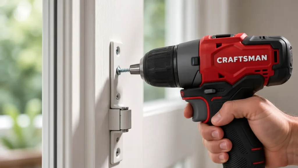CRAFTSMAN V20 cordless drill installing hardware on a residential door