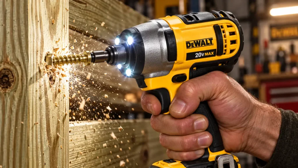 DEWALT 20V MAX cordless impact driver sinking a screw into deck framing