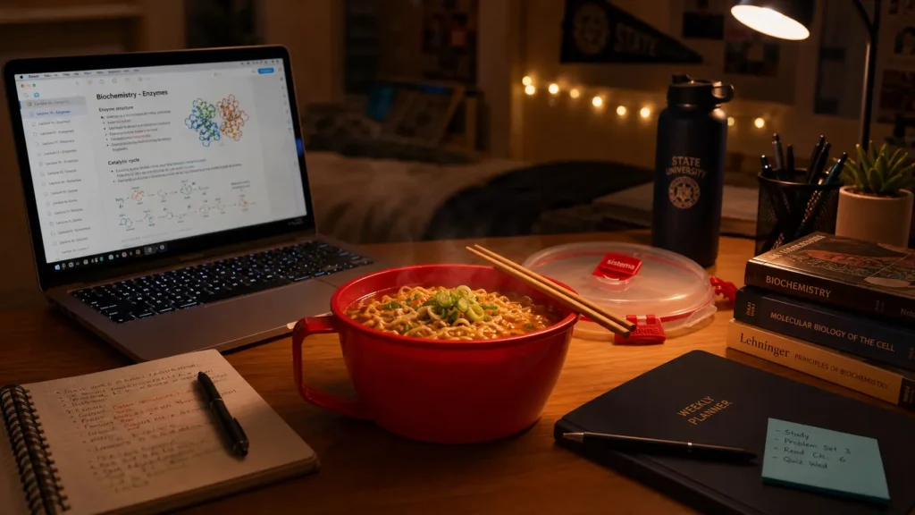 A steaming bowl of instant noodles made with the best microwave ramen cooker for dorms.
