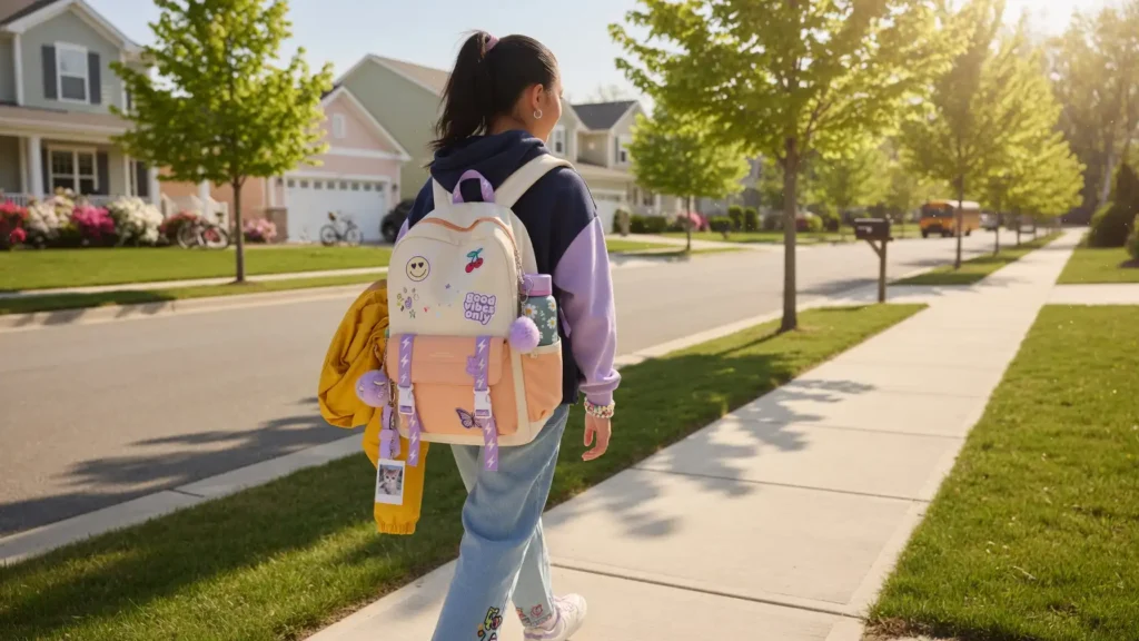 The best backpacks for middle schoolers with back pain worn by a student walking to school