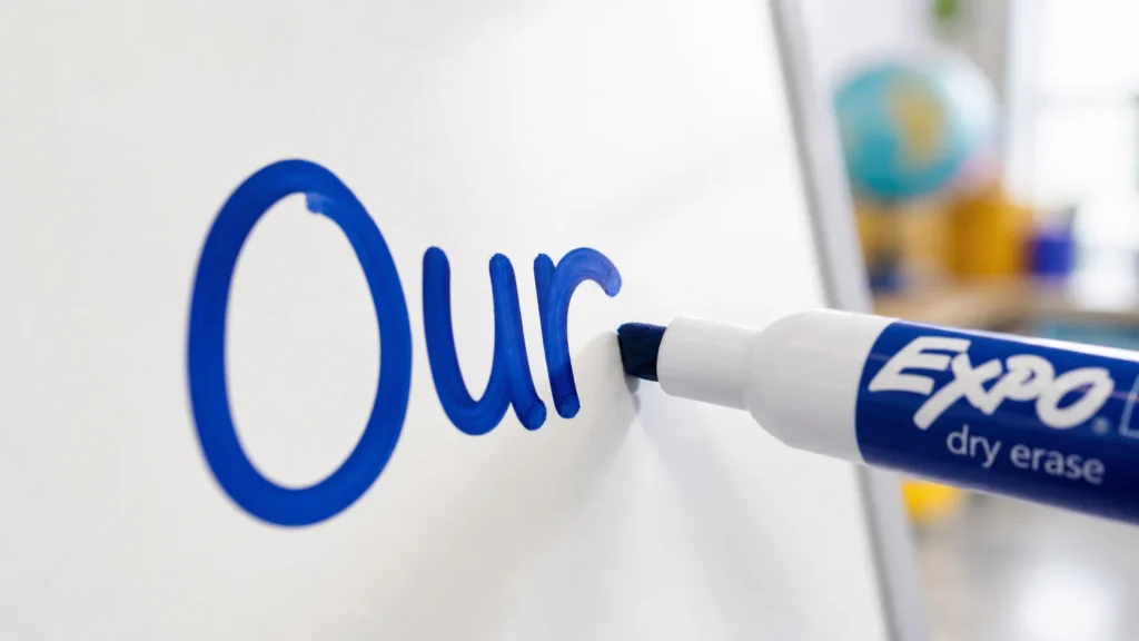 Macro detail shot of EXPO Low Odor dry erase marker chisel tip writing smooth blue ink on a clean classroom whiteboard