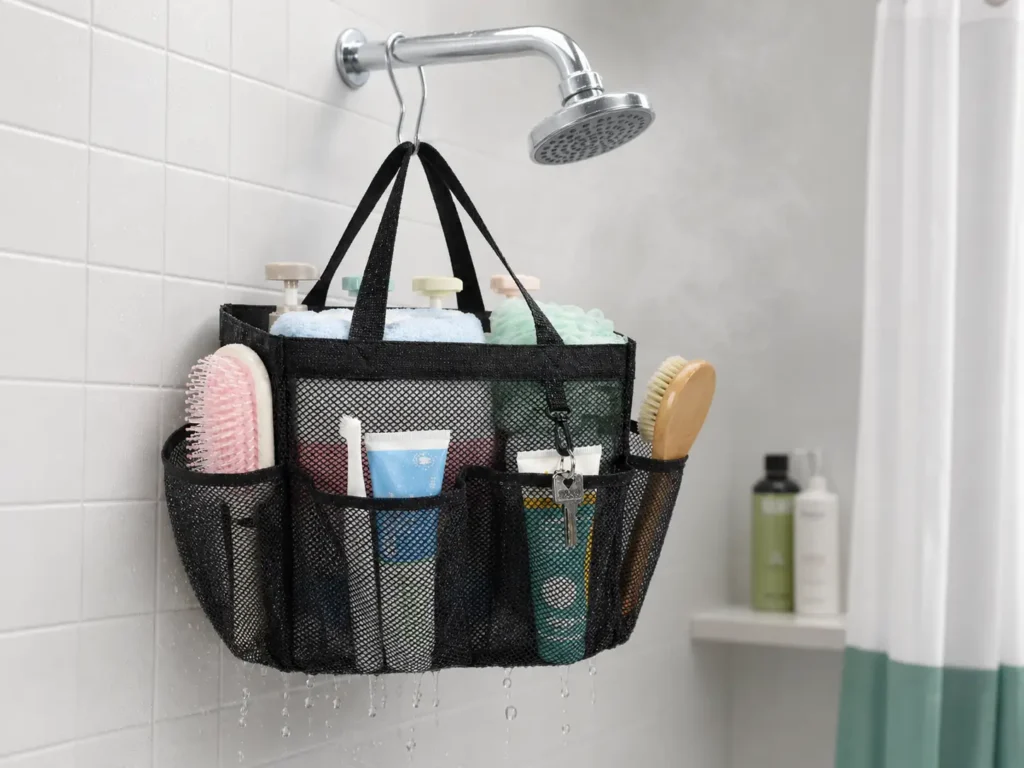 Comparing a mesh vs plastic shower caddy dorm setup