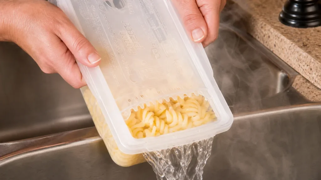 Using the built-in strainer lid of the Fasta Pasta microwave cooker to drain hot water into a sink.
