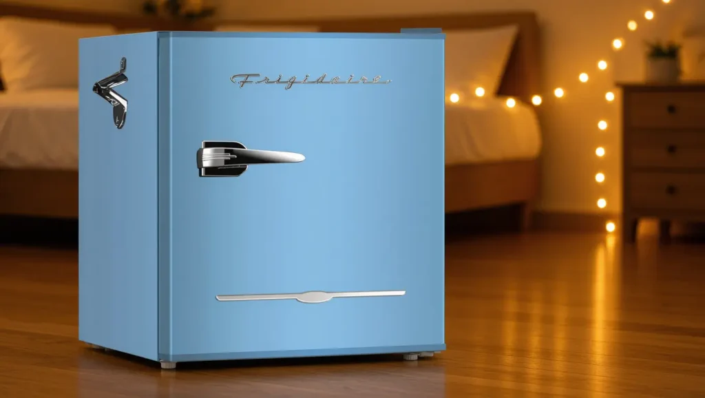 Frigidaire EFR176 retro compact refrigerator with chrome accents in a dorm room