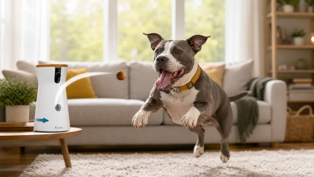 Furbo 360 Dog Camera launching a treat across the living room rug for an eager dog