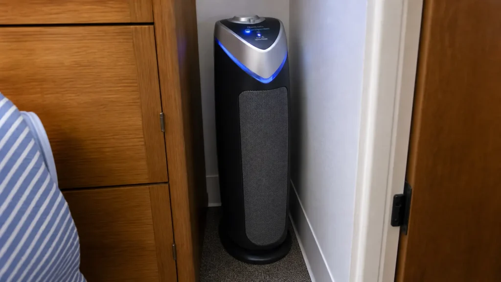 The tall and slim GermGuardian AC4825 air purifier fitting neatly into a tight dorm room corner.
