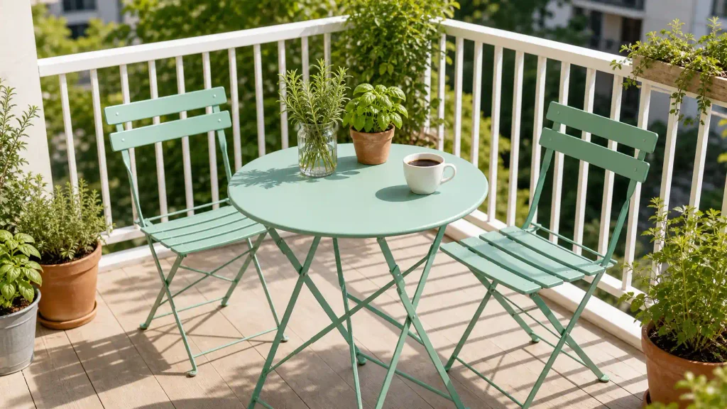Grand Patio premium steel folding bistro table and chairs unfolded on a compact balcony.