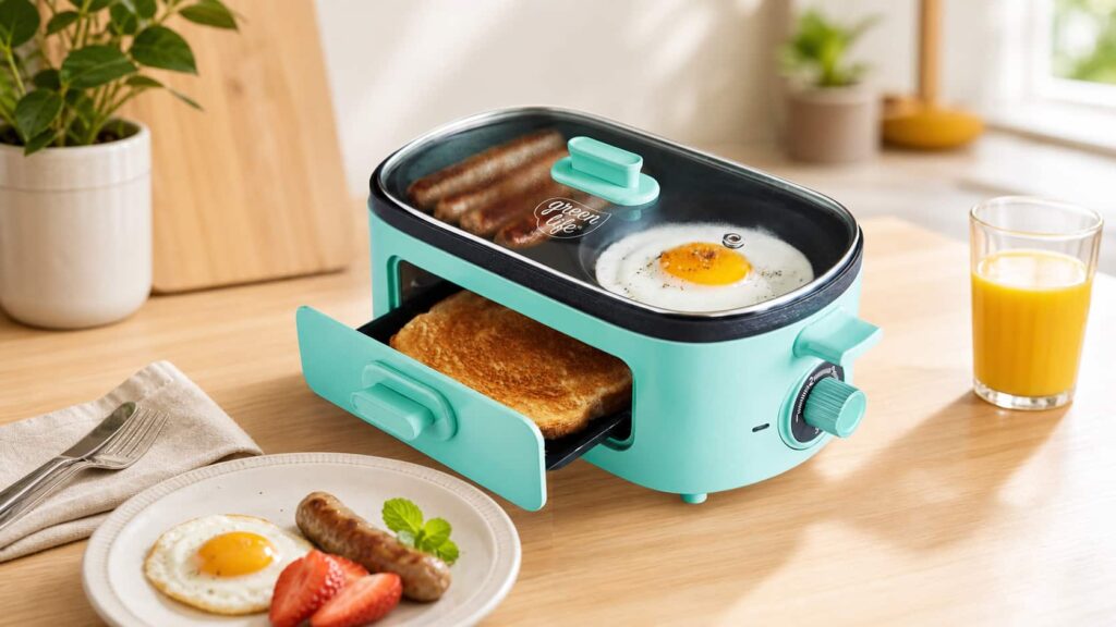 GreenLife 3-in-1 Breakfast Maker Station cooking eggs and pancakes on ceramic nonstick griddles