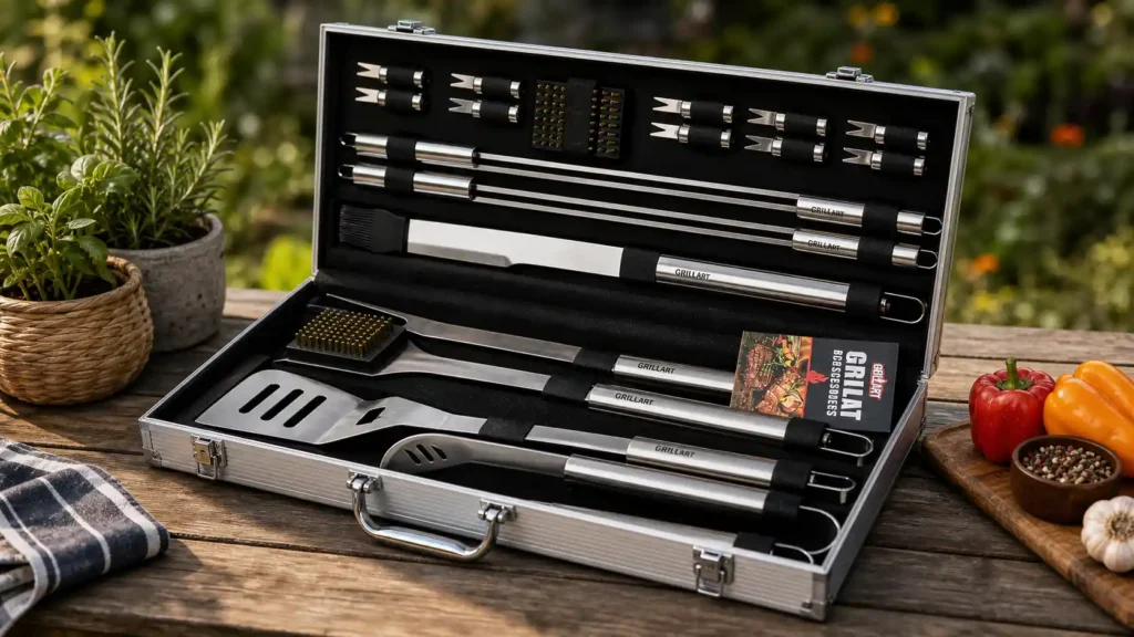 GRILLART 19-piece stainless steel barbecue tool set displayed inside its organized aluminum carrying case.