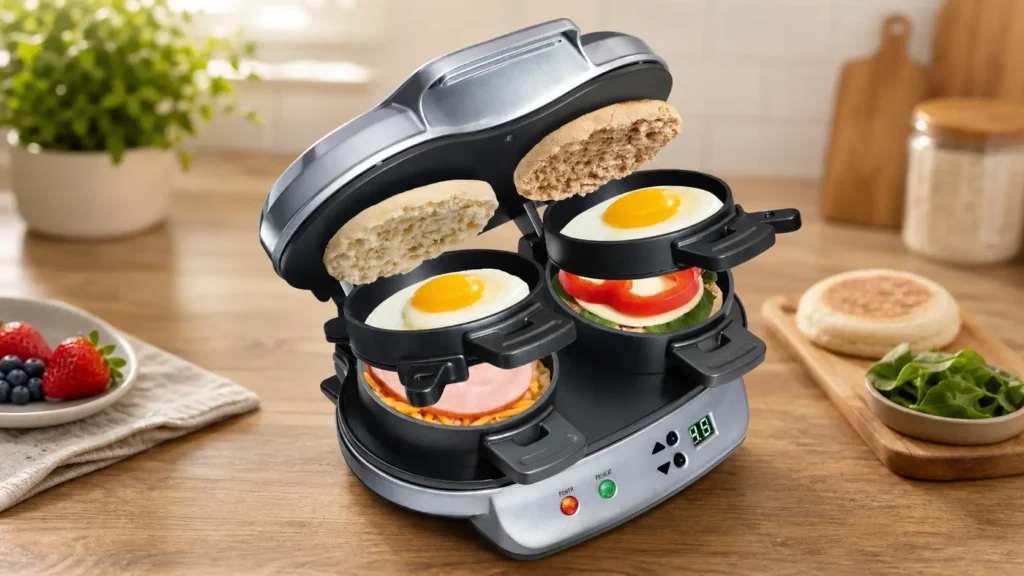 Hamilton Beach Dual Breakfast Sandwich Maker sliding egg plate open with cooked egg and melted cheese