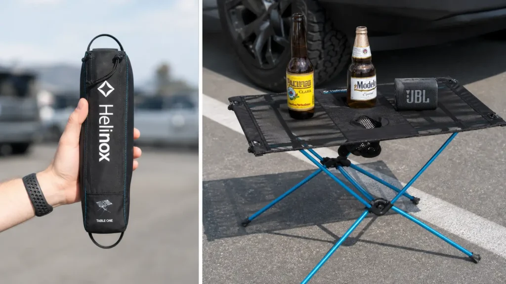 Comparing the tiny folded size of the Helinox Table One in a stuff sack versus its fully assembled state holding drinks.