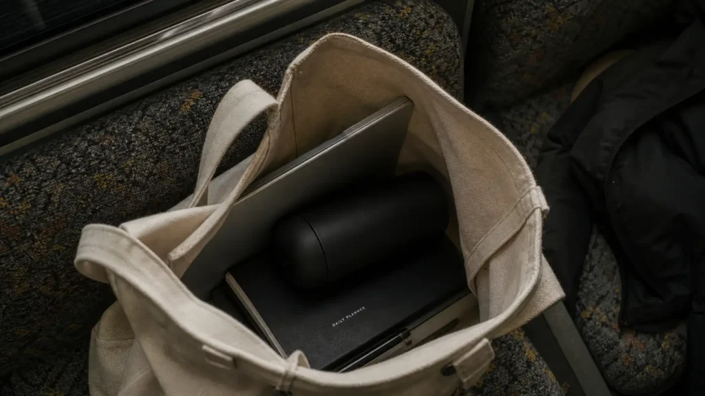 A matte black backpack safe travel mug lying horizontally inside a canvas commuter tote bag next to a laptop on a subway seat.