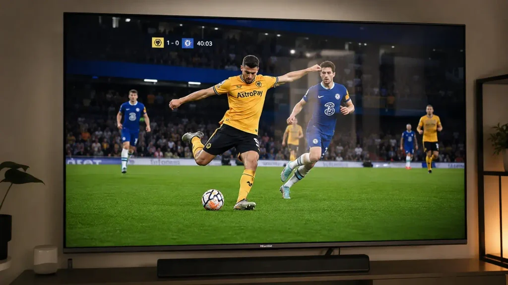 Close up of Hisense U6 Pro Mini-LED screen showcasing high peak brightness and sharp contrast during a sports broadcast