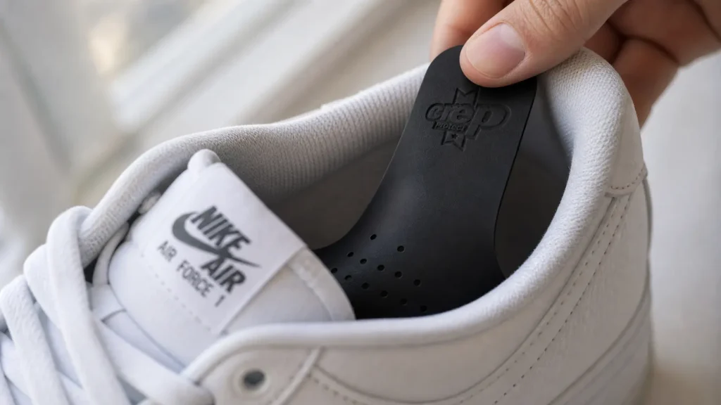 A close-up view of a hand installing a Crep Protect crease guard inside a white Nike sneaker to prevent leather wrinkling.