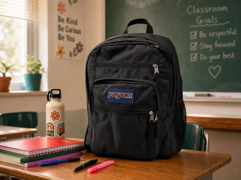 JanSport Big Student Backpack showing classic two-compartment design and ergonomic S-curve straps