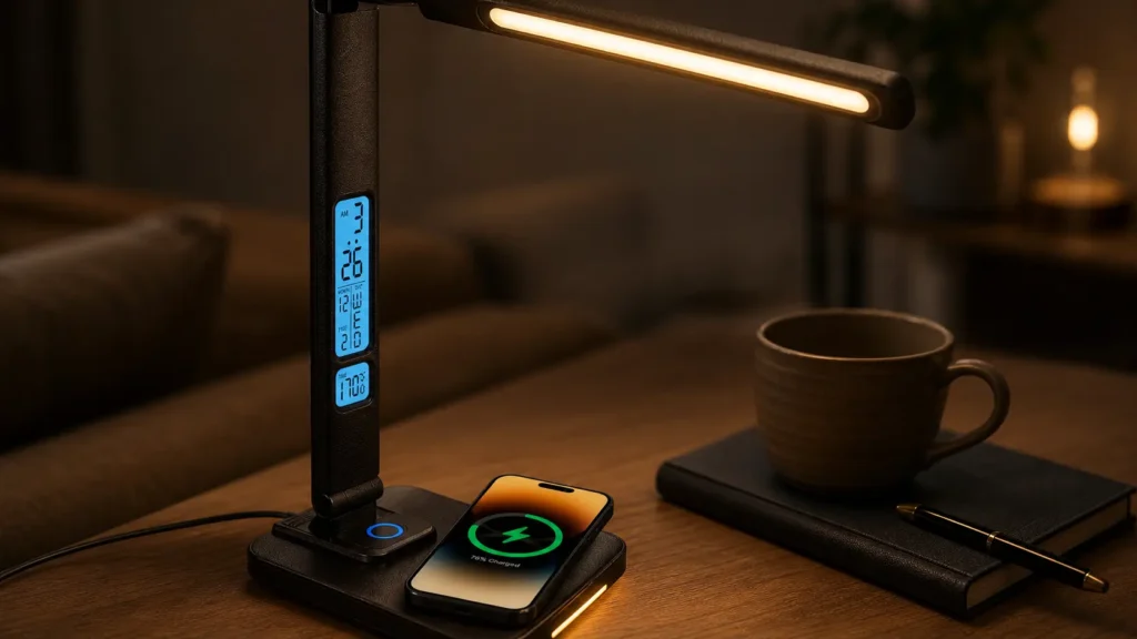 Aesthetic desk lamps with wireless chargers in a modern home office setup