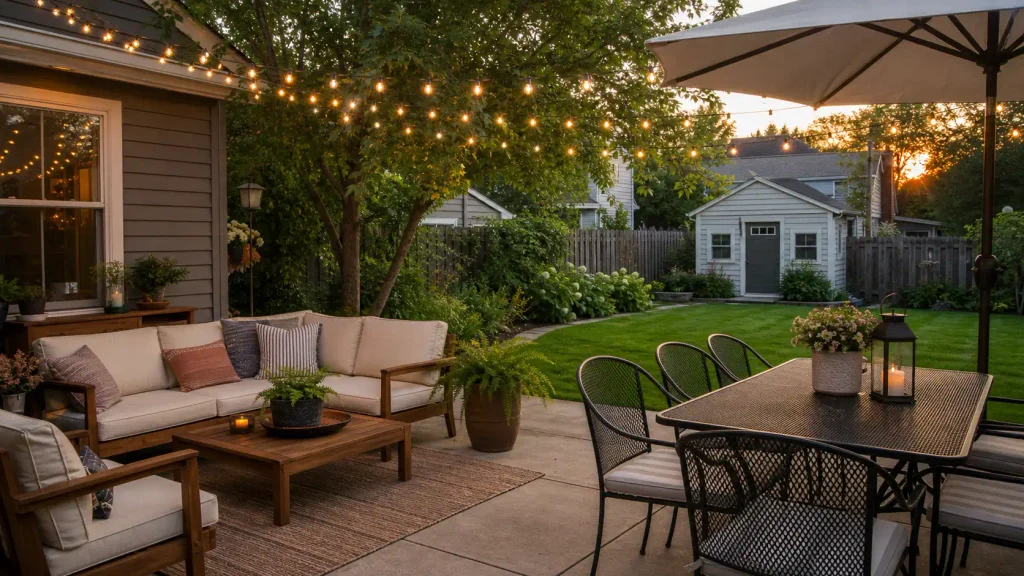 Late summer outdoor patio furniture clearance sets arranged on a suburban stone deck at sunset.