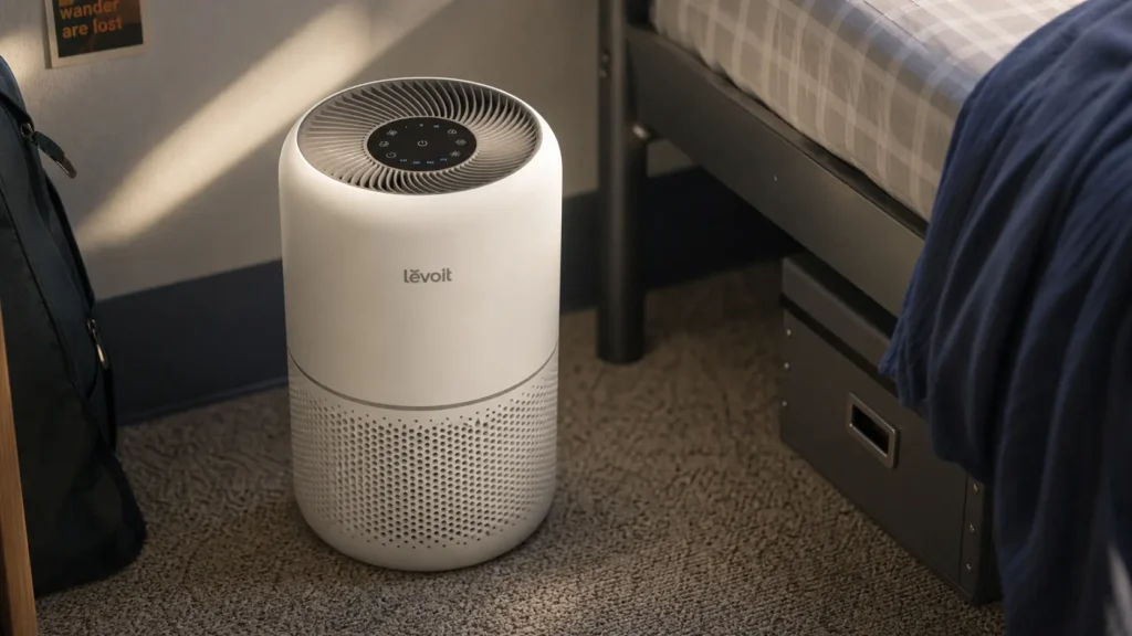 Close up of the LEVOIT Core 300 compact air purifier operating on a dorm room floor.