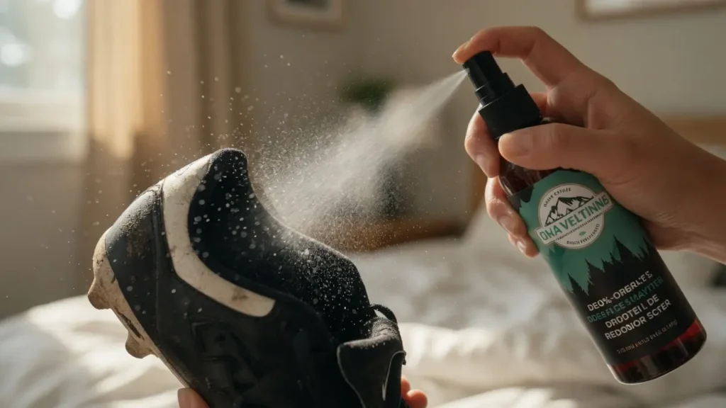 Misting Lumi Outdoors Natural Shoe Deodorizer Spray into a sneaker to eliminate odors. 
