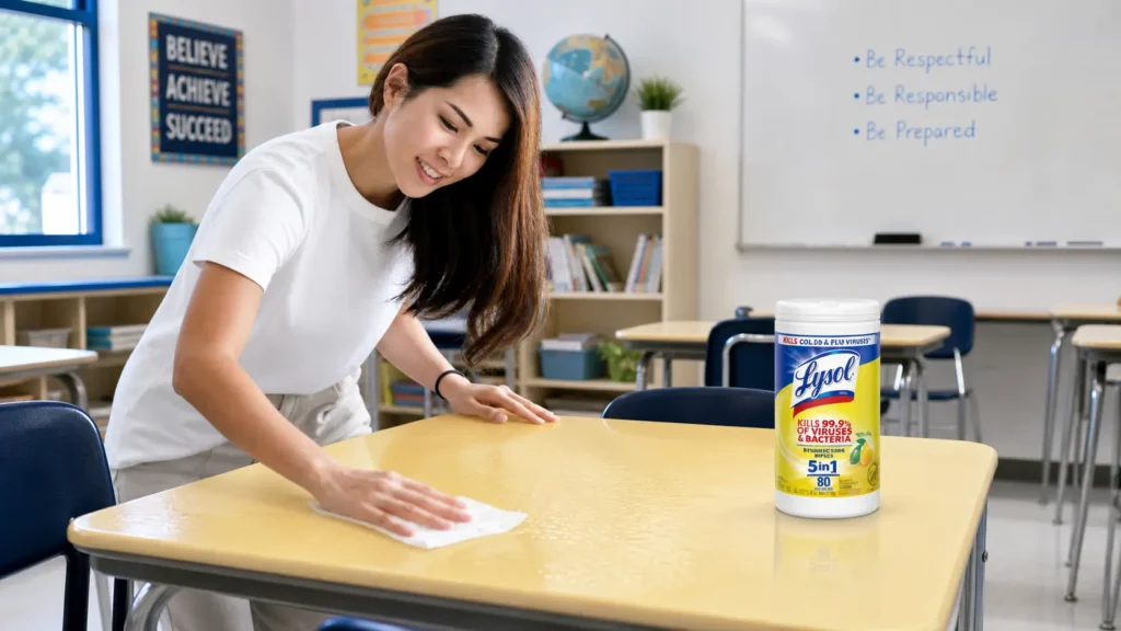 Hand wiping down a yellow laminate classroom desk with a Lysol disinfecting wipe showing micro-texture