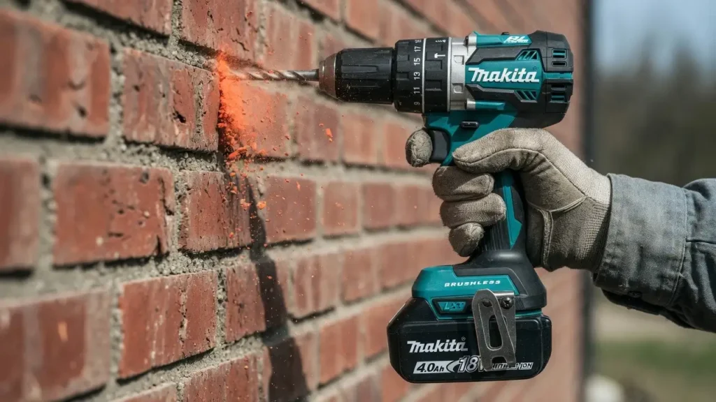 Makita XT269M brushless hammer drill boring into brick foundation wall