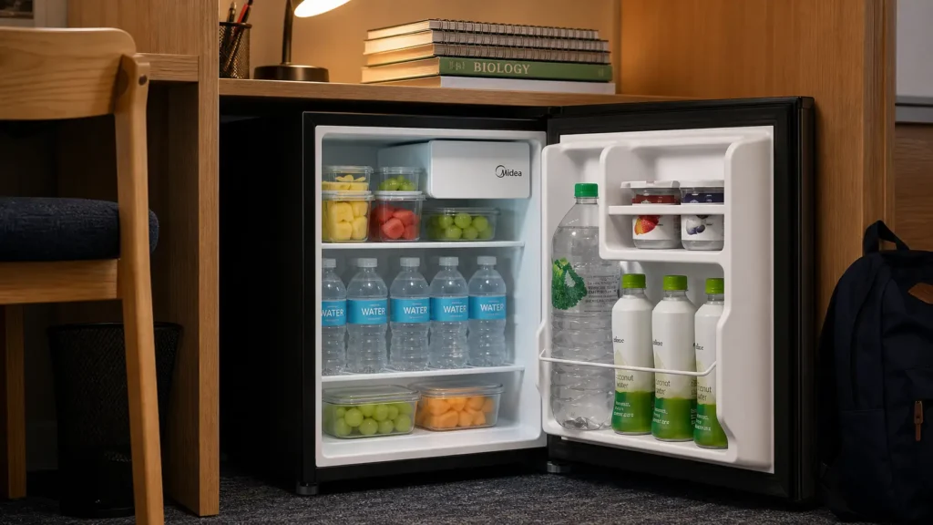 Midea 1.6 Cu Ft compact refrigerator tucked under a college dorm desk