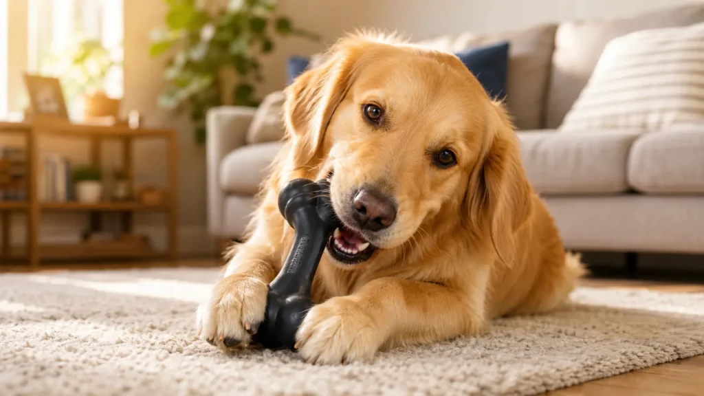 Golden retriever enjoying quiet puzzle toys for heavy chewers on a rug