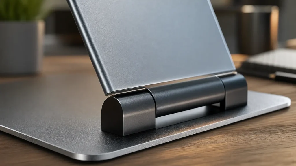Close-up detail of the heavy-duty aluminum hinges on the Nulaxy C5 height adjustable laptop stand