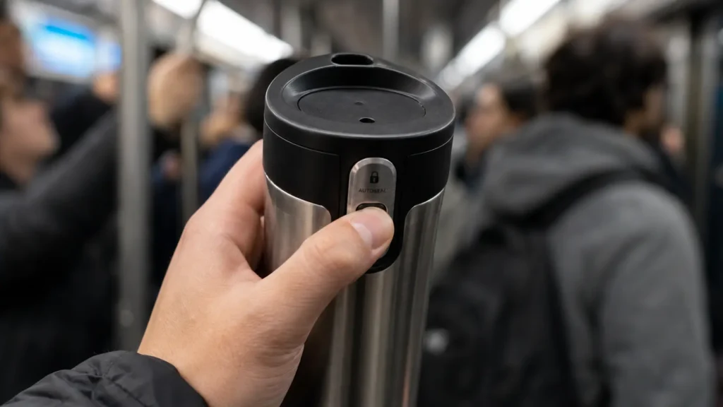 Commuter holding a Contigo West Loop travel mug on a subway train, demonstrating the one-handed auto-seal push button.