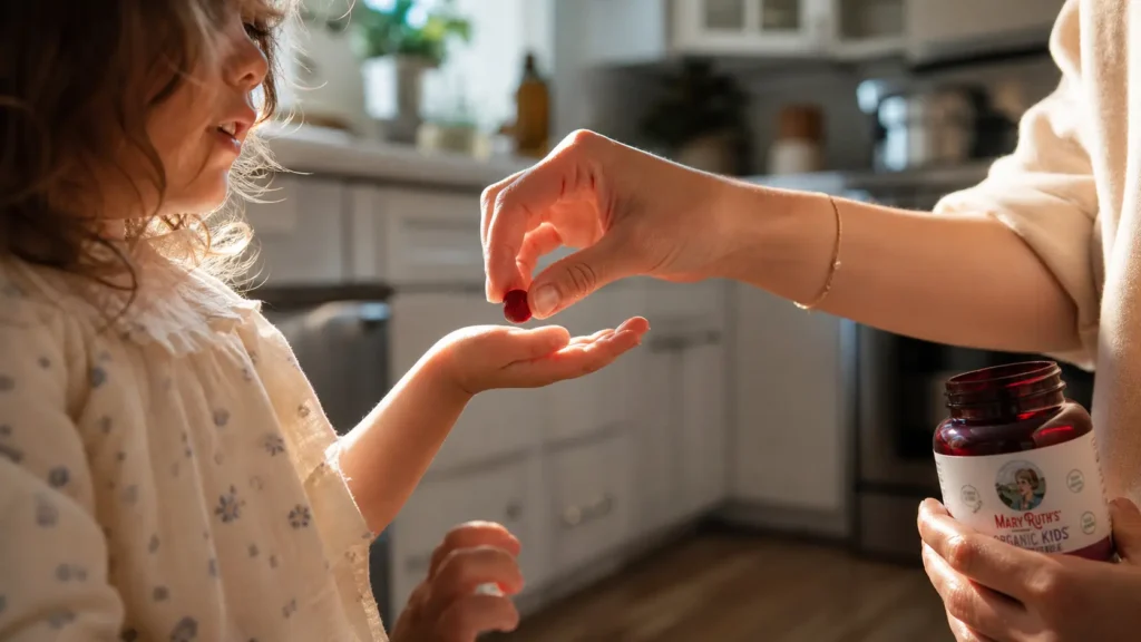 Mom giving a MaryRuth's organic kids immunity gummy to her child in the morning. 