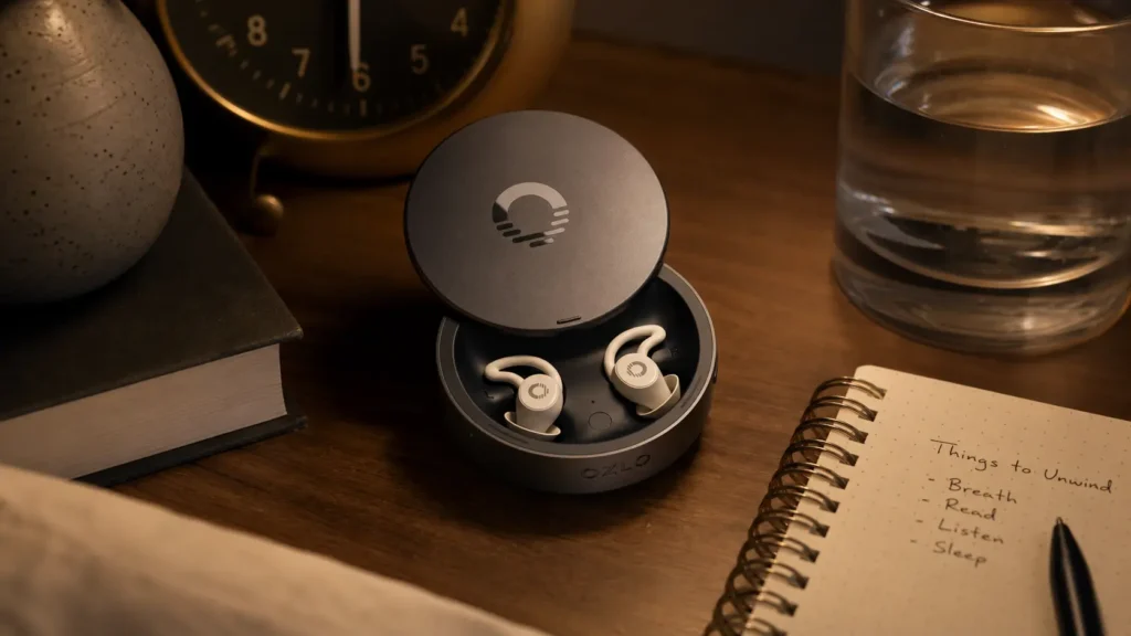 Ozlo Sleepbuds 2 sitting in their smart charging case on a dorm nightstand