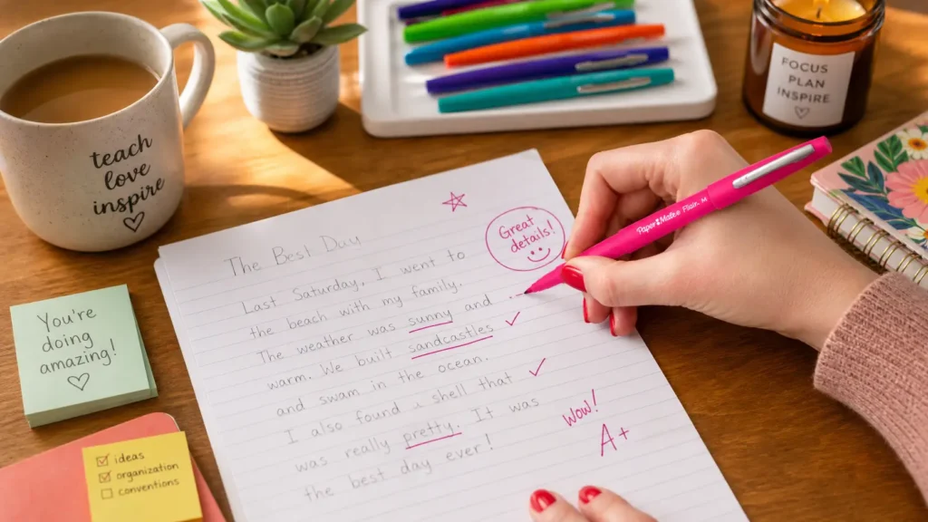 Teacher hand grading a paper with a pink Paper Mate Flare felt tip pen on a organized wooden desk