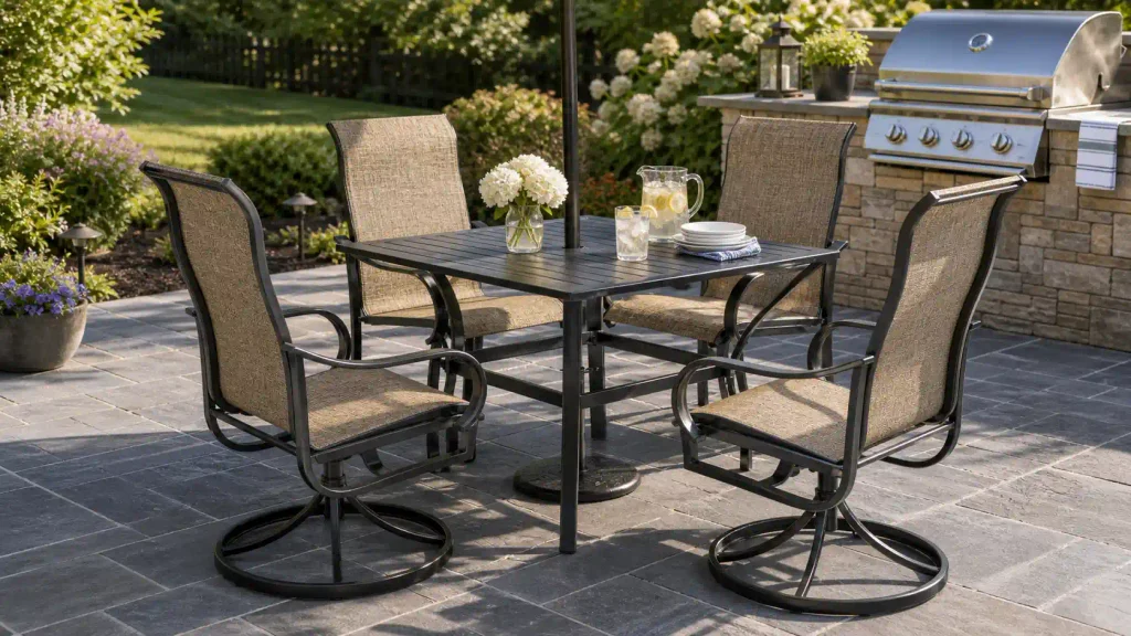 PHI VILLA 5-piece outdoor patio dining set featuring e-coated steel table and padded swivel rocker chairs on a paver patio.