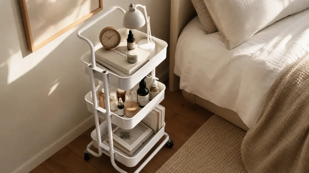 Pipishell 3-tier metal rolling cart styled as a functional bedside nightstand in a cozy room