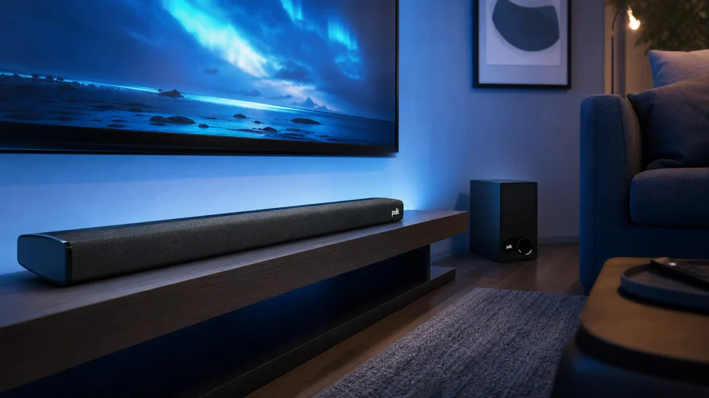 Polk Audio Signa S2 ultra-slim soundbar and wireless subwoofer on a modern entertainment console