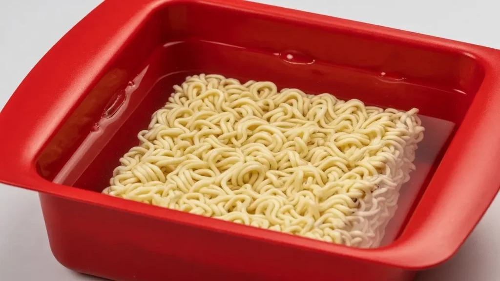 A square block of instant ramen fitting perfectly into the Rapid Brands Rapid Ramen Cooker, showing the exact water fill line. 
