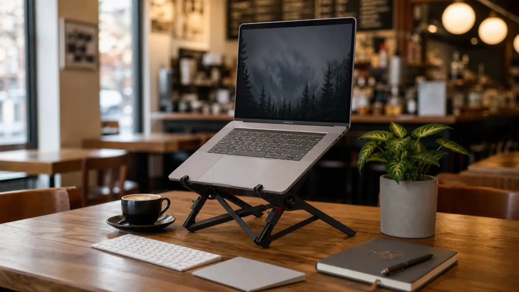 Roost V3 ultra-portable laptop stand holding a laptop elevated at a coffee shop workstation