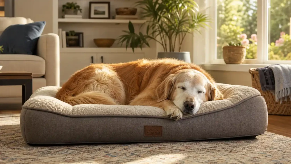 An older Golden Retriever sleeping comfortably on a thick orthopedic memory foam dog bed in a sunlit living room.