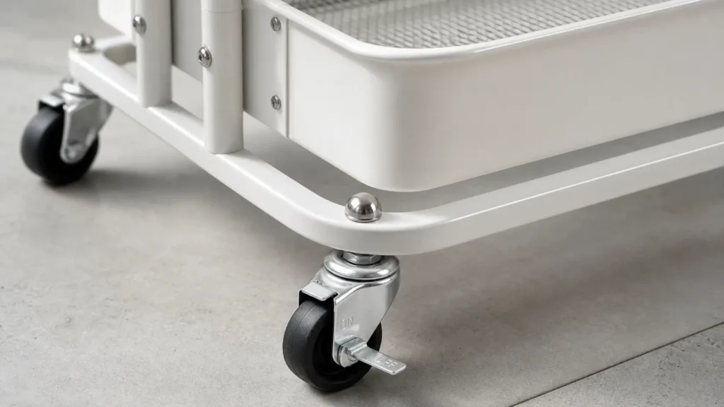 Heavy duty steel frame construction and locking wheel on Simple Houseware metal utility rolling cart