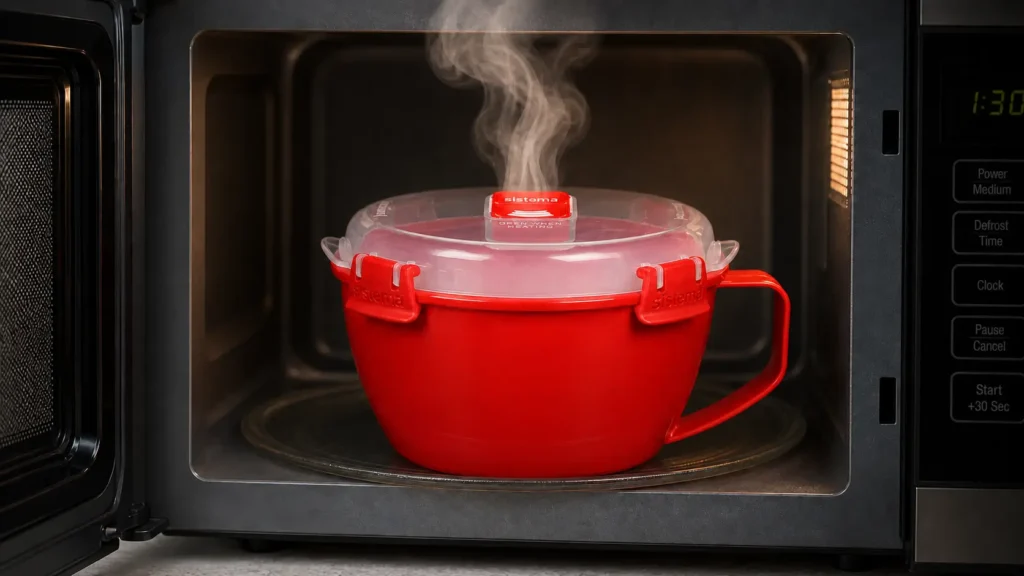 Hot steam venting safely from the top of the Sistema Microwave Noodle Bowl while sitting in a microwave.
