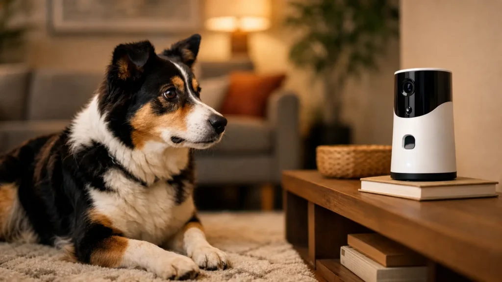 Dog sitting on a living room rug looking up at a smart indoor monitoring camera